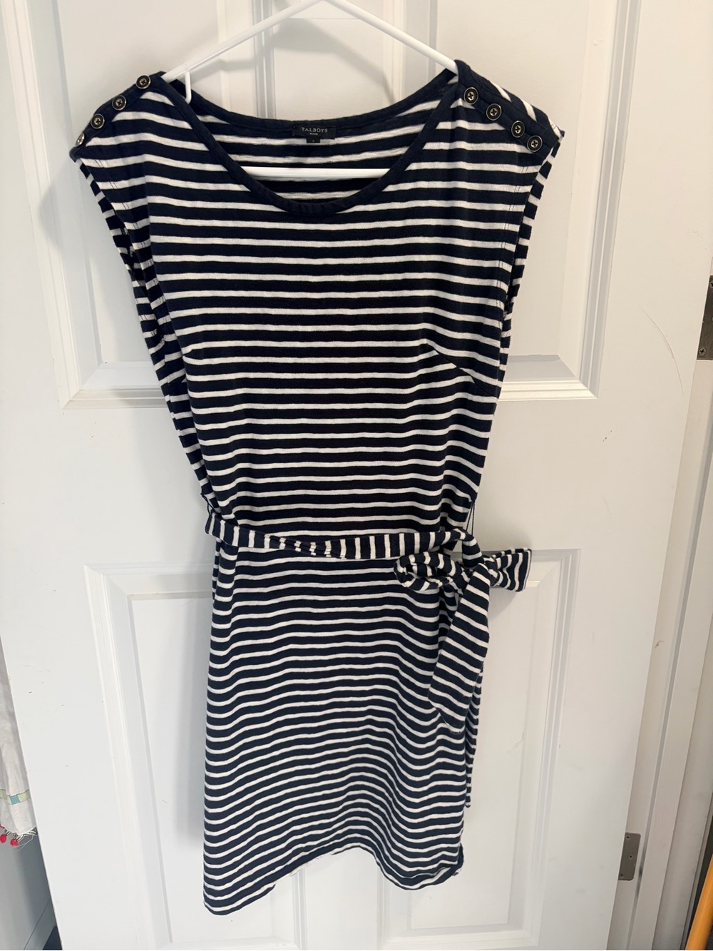 Talbots Navy & White Striped Belted Midi Dress